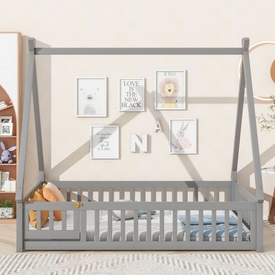 CAVINAS Twin/Full Size Kids Montessori Bed with Guardrails,Floor Bed with Tent-shaped Design for Bedroom,White/Brown/Gray/Off-White