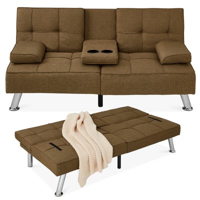 Best Choice Products Modern Linen Convertible Futon Sofa Bed w/ Removable Armrests, Metal Legs, Cupholders