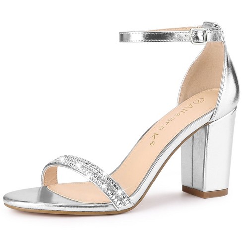 Allegra K Women's Rhinestone Ankle Strap Chunky Sandals Silver 6 : Target