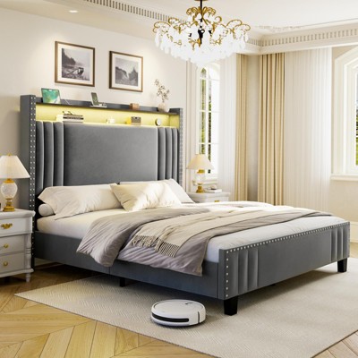 Hausource Upholstered Bed Frame with Velvet Storage Headboard Platform Bed