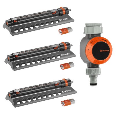 Gardena 1975 Aquazoom 3900 Square Foot Oscillating Lawn Sprinkler 3 Pack Bundle with 1 Quick Connect Mechanical Water Timer