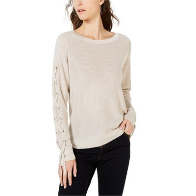 I.N.C International Concepts Womens Lace-Up Pullover Sweater, Beige, Large