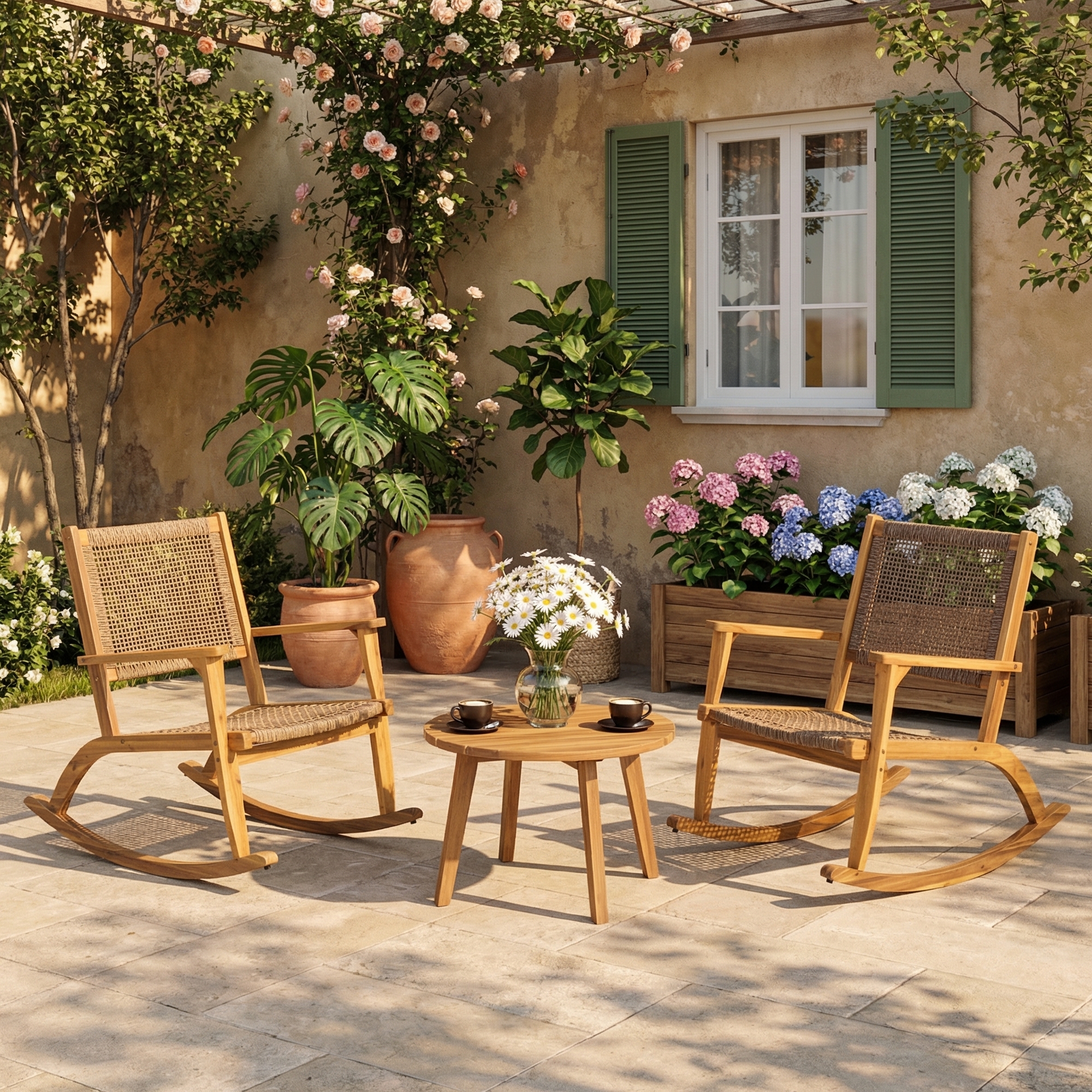 Whisen 2-Piece Farmhouse Patio Rocking Chair Set, Acacia Wood Outdoor Rocking Chair Set Porch Rockers with Wicker Rattan Seat & Backrest - Natural