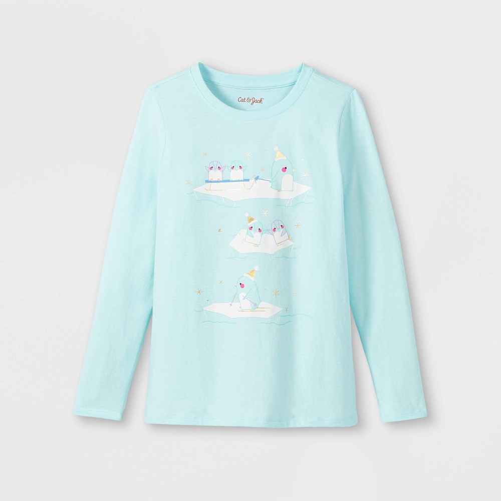 Girls' 'Snow Penguins' Long Sleeve Graphic T-Shirt - Cat & Jack Light Blue XS