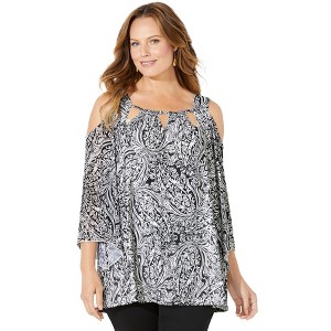 Catherines Women's Plus Size Mesh Cold Shoulder Top - 1 of 4