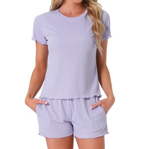 INSPIRE CHIC Women's Ribbed Knit Soft Short Sleeve Top and Shorts Ruffled Lounge Set Pajama Set with Pocket - 1 of 4