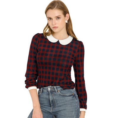INSPIRE CHIC Women's Peter Pan Collar Contrast Puff Sleeve Plaid Blouse