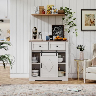 Vynxaria 39" Sliding Barn Door Buffet Sideboard Storage Cabinet Coffee Bar with Storage and 2 Drawers, Coffee Storage Cabinet