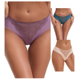 INSPIRE CHIC Women's Mid Waisted Briefs Smooth Silky Panties Soft Lace Breathable Underpants 3 Packs - 1 of 4