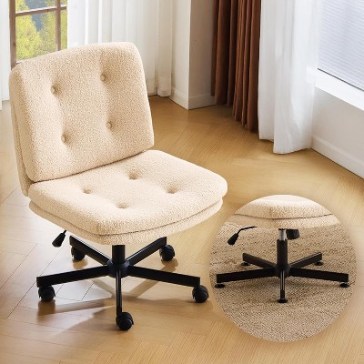 VINGLI Swivel Armless Criss Cross Vanity Chair with Wheels/no Wheels,Rocking Cross-Legged Office Desk Chair,  Teddy Fleece