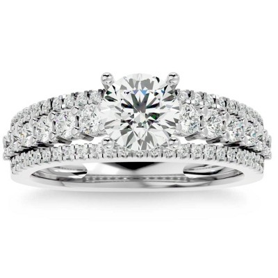 Pompeii3 1 1/2Ct 3Row Diamond & Moissanite Engagement Ring in White, Yellow, Rose Gold