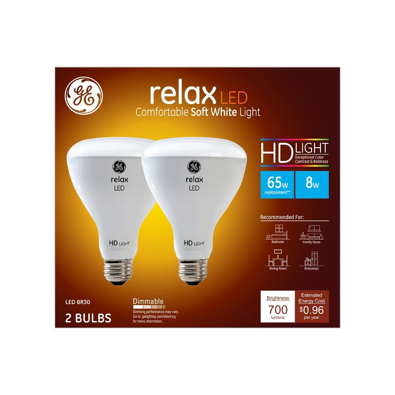 GE 2pk 8W 65W Equivalent Relax LED HD Light Bulbs Soft White, 1 of 4