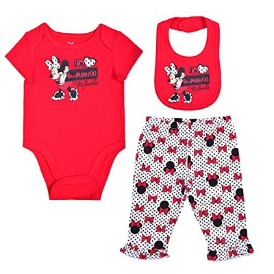 Disney Girl's 3-Pack Minnie Mouse I'm Fa-Mouse Short Sleeve Graphic Baby Bodysuit Creeper, Ruffle Legging Pants and Bib Set for Infant