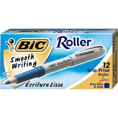 BIC Roller Glide Grip Ballpoint Pen with Metal Clip, 0.7 mm Fine Tip, Blue Ink, Gray Barrel, pk of 12