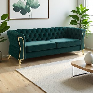 Modern Velvet 3-Seater Sofa with Gold Metal Accents - 1 of 4