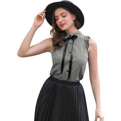 INSPIRE CHIC Women's Bow Tie Neck Vintage Ruffle Sleeveless Gingham Plaid Shirt