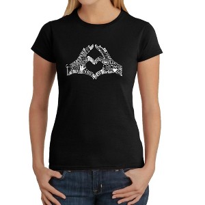 LA Pop Art Women's Word Art T-Shirt - Finger Heart - 1 of 4