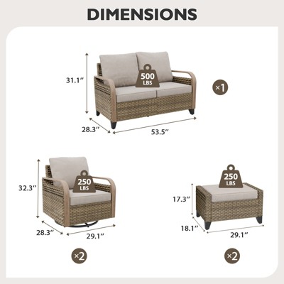 5-Piece Brown Wicker Outdoor Sofa Seating Group with Gray Cushions