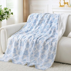 Lomsoe Blue Floral Print Throw Blanket Flannel Blankets, Super Soft Cozy Throw Blankets for Home Sofa Couch, Birthday Gifts for Kids Adults - 1 of 3