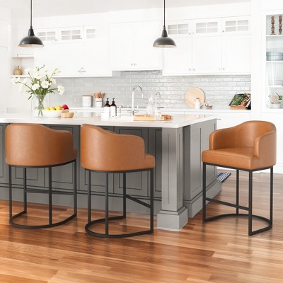 Arceso 3pcs Counter Height Bar Stools, Modern Counter Stools Upholstered Barstools, with Curved Backrest and Arms, Yellowish Brown
