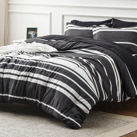 Bedsure 7 Pcs Black Striped Reversible Queen Bedding Set Cationic Dyeing Bed in a Bag with Comforter Sheets Shams