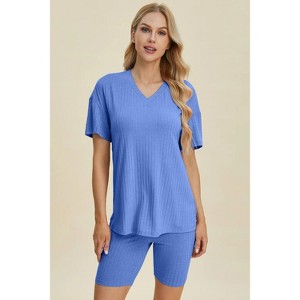 I am a Fashion Junky Basic Bae Full Size Ribbed V-Neck Short Sleeve Top and Shorts Set - 1 of 4