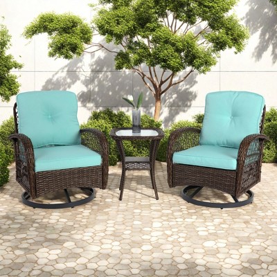 FURNIinspire Patio Seating Sets 3 Pieces Outdoor Rocking Swivel Chair Set, Patio Rocking Chair With Cushion And Coffee Table, Blue, 25“*29”*34“