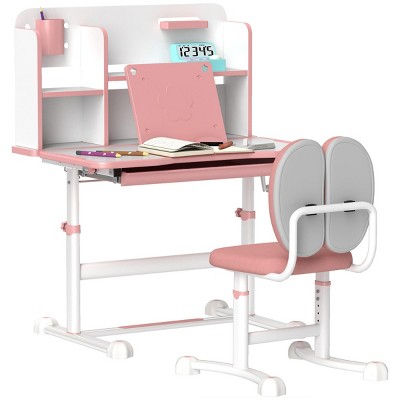 INFURNIC Kids Table Sets Height Adjustable Desk and Chair Set with Tilt Top and Storage for Study, Pink, 31.5"*21.7"*42.3"