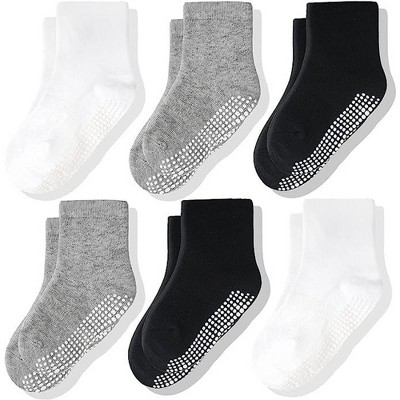 Cozyway Non-Slip Crew Grip Toddler Socks, 6 Pack for Boys, Black/White/Gray, 1-3 Years Old, Unisex