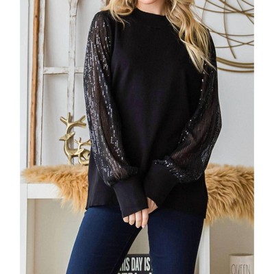 Women's Sequined Sleeve Sweater - Cotton Bleu