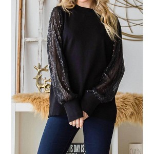 Women's Sequined Sleeve Sweater - Cotton Bleu - 1 of 3