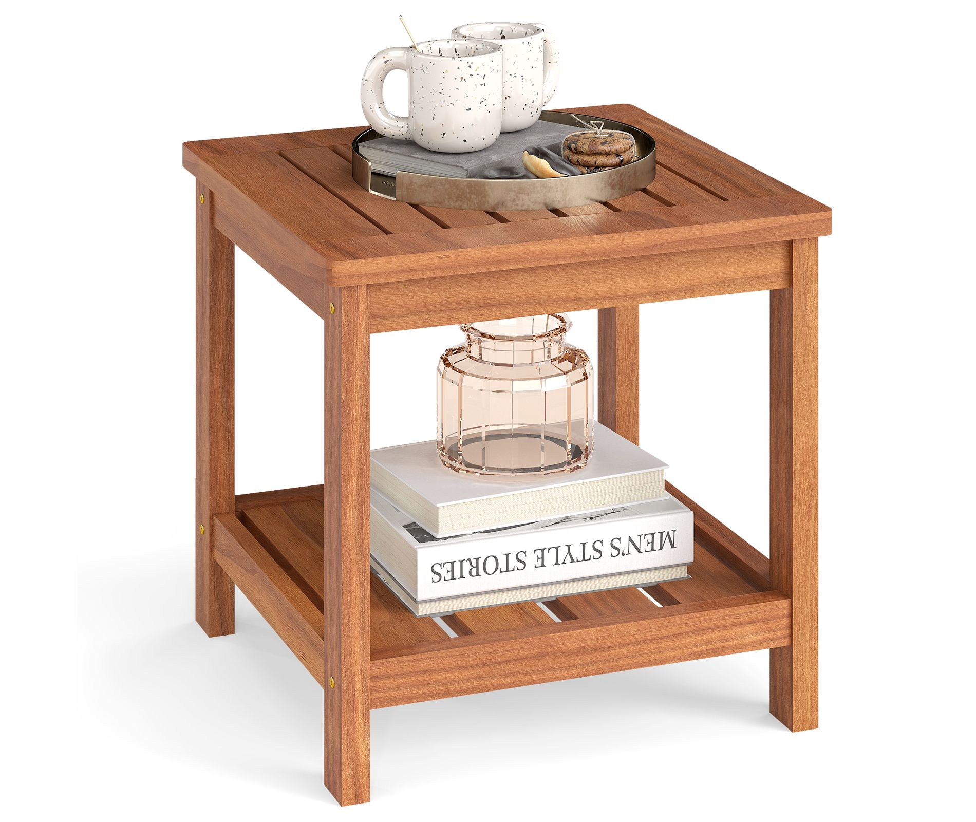 Tangkula 2-Tier Adirondack Side Table w/ Slatted Tabletop Storage Shelf for Garden