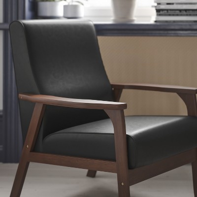 Mid-Century Modern Black Leather Accent Chair with Walnut Wood Frame