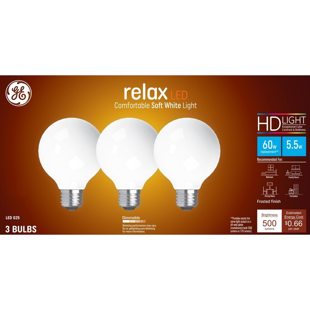 Photos - Light Bulb General Electric GE 3pk 60W Relax G25 LED Globe  Soft White: Dimmable, Energy Star, 500 Lumens, E26 Base, 13.7-Year Life 