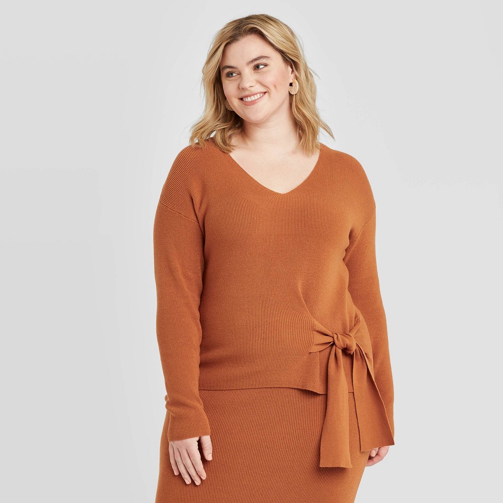 Women's Plus Size Side-Tie V-Neck Sweater - Ava & Viv Rust 4X, Women's, Size: 4XL, Brown was $27.99 now $19.59 (30.0% off)