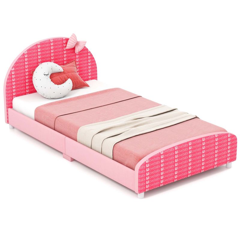 Honeyjoy Children Twin Size Upholstered Platform Single Bed with Headboard & Footboard Pink, 1 of 11