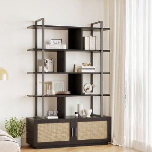 GustoWave Rattan Bookshelf,71.1 Inch Tall Industrial Bookcase with Storage Door,5 Shelf Bookcase with Metal Frame for Living Room - 1 of 4