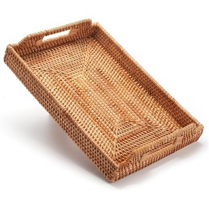 BRINJOY Rectangular Rattan Tray with Handle - 17x11.4x1.8 inch Woven Basket Tray for Coffee Table, Dining Room & Bathroom Organization - 1 of 4