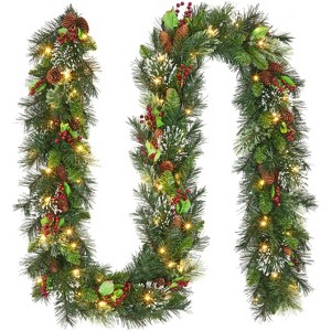 9FT Prelit Christmas Garland Decorations with LED Lights, Battery Operated Lighted Garland with Ball Poinsettia Ornaments for Xmas Decor - 1 of 4