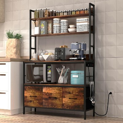 5-Tier Free Standing Baker's Rack with Power Outlet, Metal Kitchen Storage Rack with Hooks and Baskets, Industrial Microwave Rack