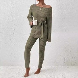 Clotth Women's Solid Color Ribbed Knit Set - Off Shoulder Long Sleeve Top and Leggings with Belt, Casual Loungewear, Green - 1 of 4