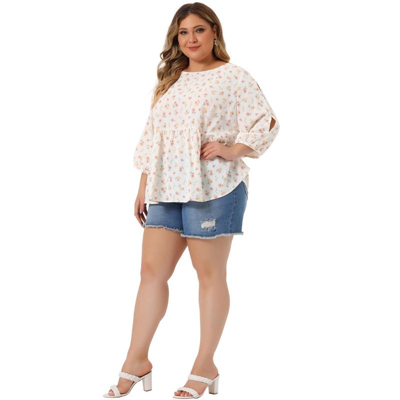 Agnes Orinda Women's Plus Size Casual Babydoll Peplum Cut Out 3/4 Sleeve Floral Blouses, 3 of 6