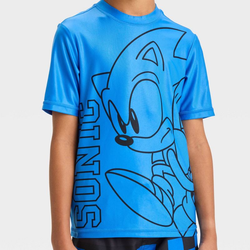 Boys&#39; Sonic the Hedgehog Short Sleeve Fictitious Character Rash Guard Swimsuit Top - Blue, 3 of 4