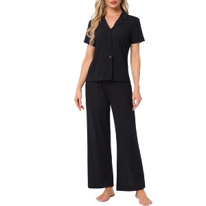 INSPIRE CHIC Women's Turndown Collar Knit Short Sleeve Top with Side Pocket Long Pant Pajamas Set - 1 of 4