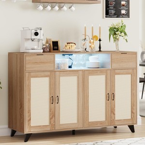 Rattan Sideboard Buffet Cabinet with 4 Doors and 2 Drawers, Console Table Coffee Bar with Power Outlet and Adjustable Shelves - 1 of 4