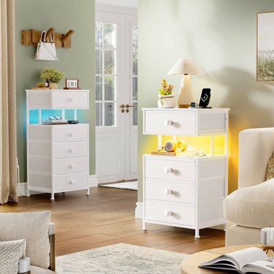 WOWLIVE Night Stand with Charging Station and LED Light, 4 Fabric Drawers White Bedside Table, End Table for Bedroom