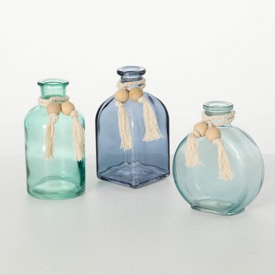 Sullivans 5", 4.5" & 5" Sea-Blue Glass Bud Vase Set of 3,