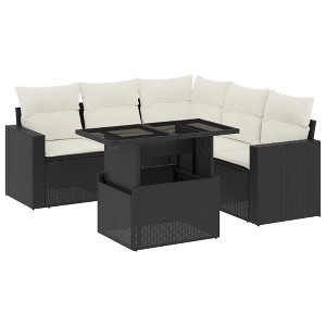 vidaXL 6 Piece Patio Sofa Set with Cushions Black Poly Rattan - Black and Cream - 1 of 4