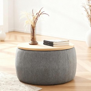 TIRAMISUBEST Round Storage Ottoman Linen 2-in-1 End Table Footstool MDF Top and Linen Upholstery for Living Room - 1 of 4