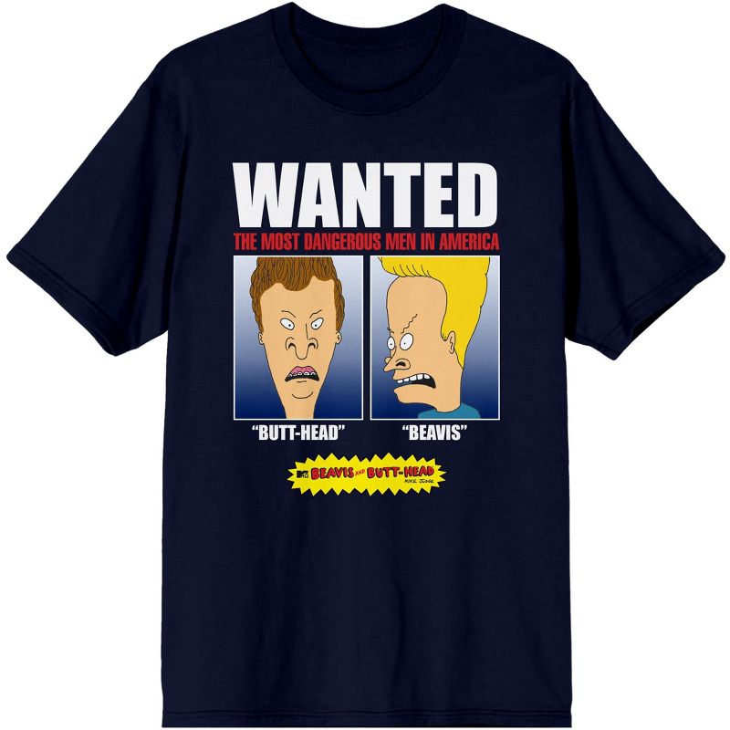 Beavis and Butthead Wanted Poster MTV Cartoon Mens Navy Graphic Tee Shirt, 1 of 3